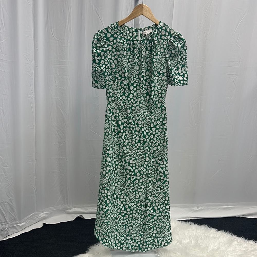 Topshop Green Puff Sleeve Midi Sundress Boho Floral Flowers Slit size 4